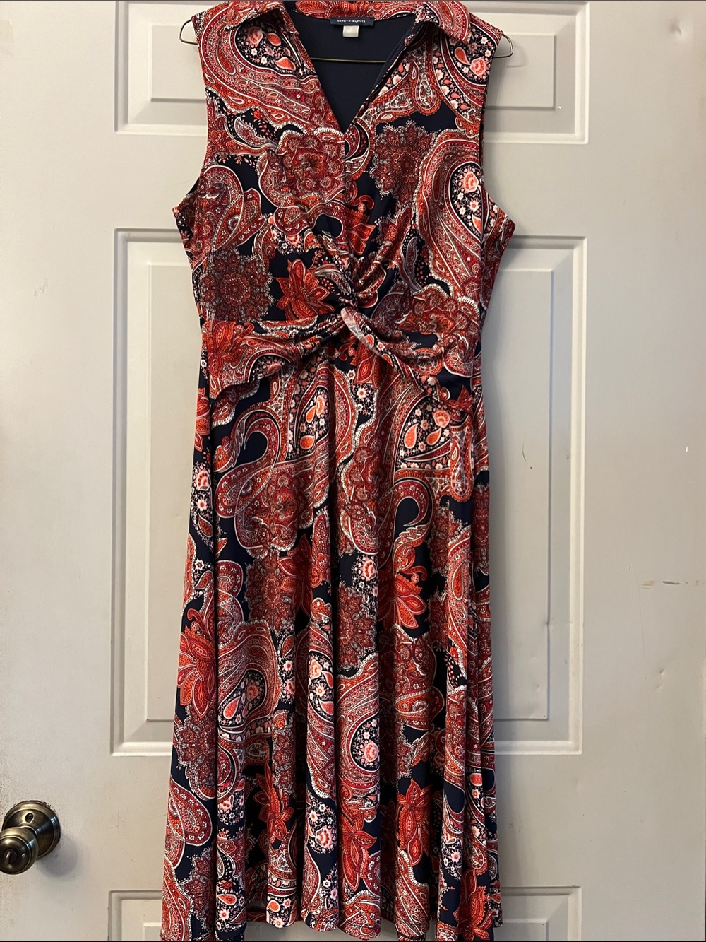 Tommy Hilfiger Navy and Red Paisley Midi Dress with Knot Front